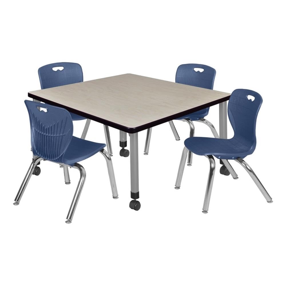 42" Square Mobile Table with 4 Blue Chairs Q595870