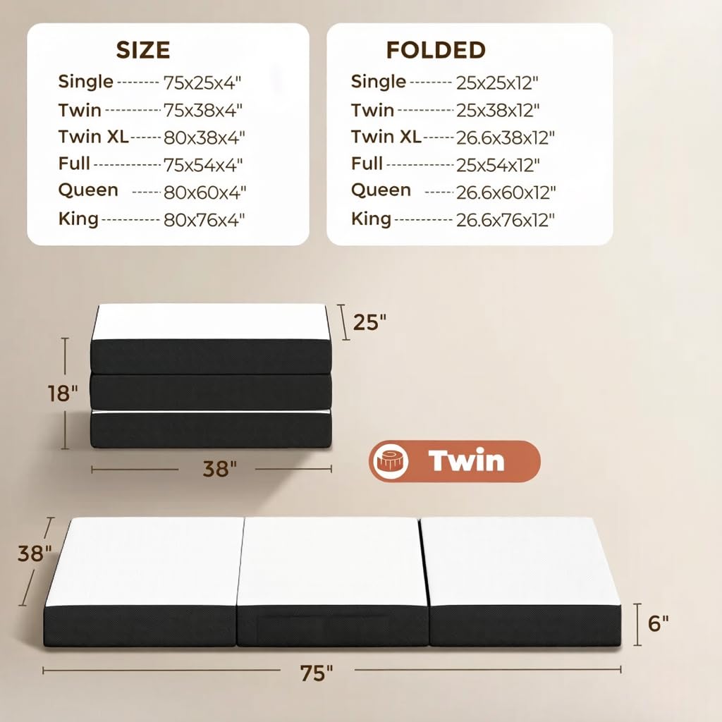 6 Inch Trifold Memory Foam Mattress, Twin V84921