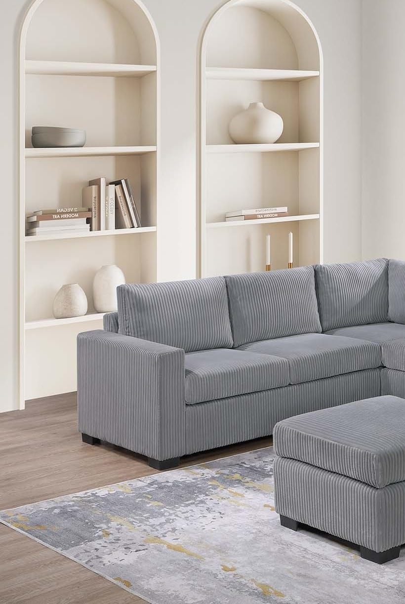 Light Gray Corduroy Upholstered Sectional Sofa Set G90627