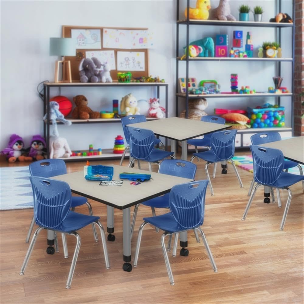 42" Square Mobile Table with 4 Blue Chairs Q595870