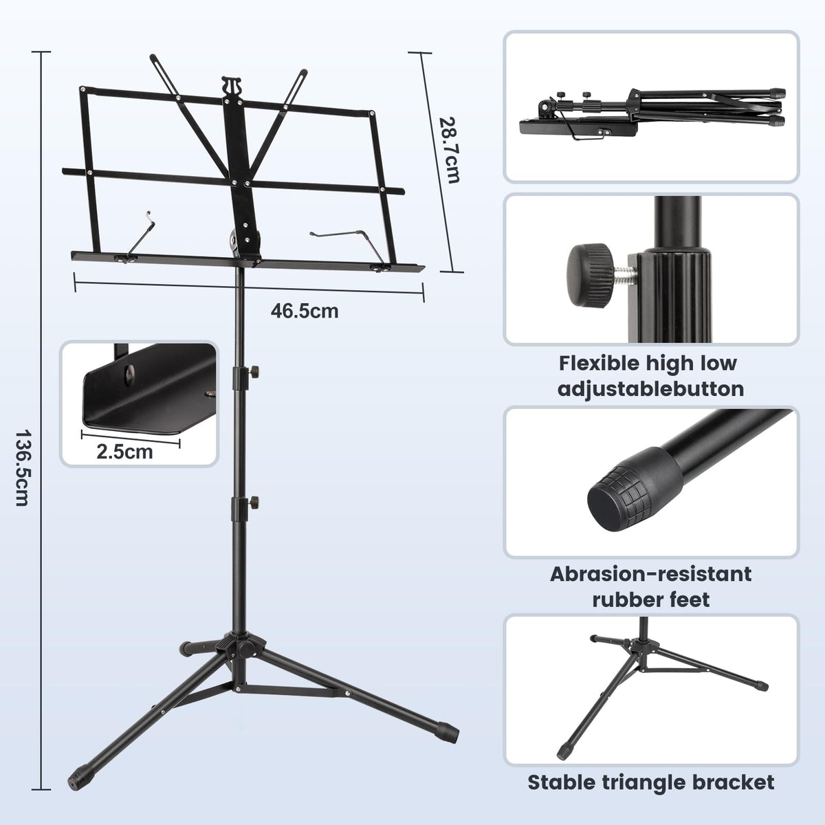 Black Adjustable Metal Music Stand with Carrying Bag C407