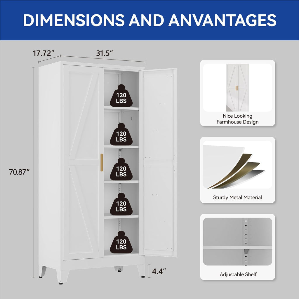 Metal Wardrobe Closet with Doors, 71'' Tall Steel Armoire with Shelves O7531