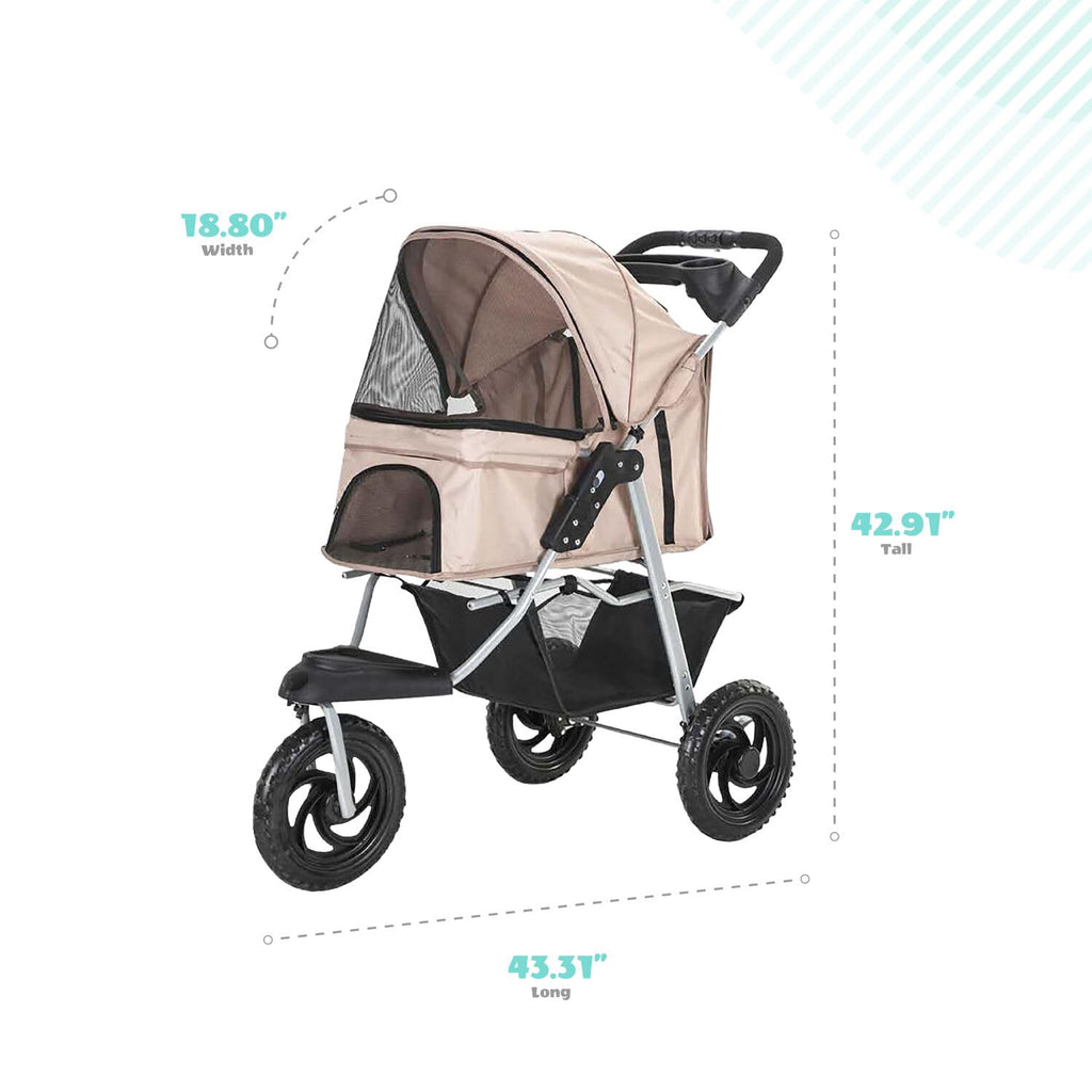 3-Wheel Dog Stroller with Storage Basket and Cup Holders, Tan M588009
