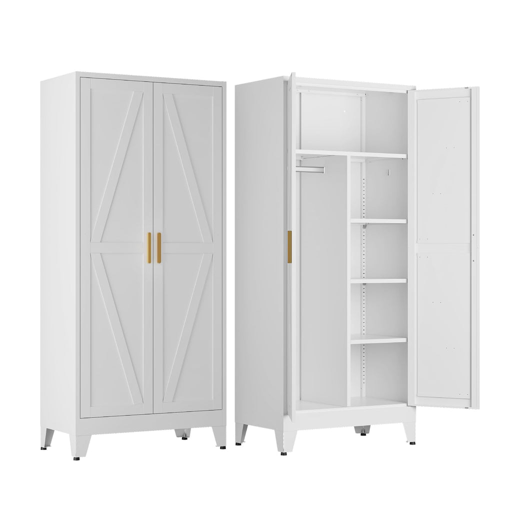 Metal Wardrobe Closet with Doors, 71'' Tall Steel Armoire with Shelves O7531