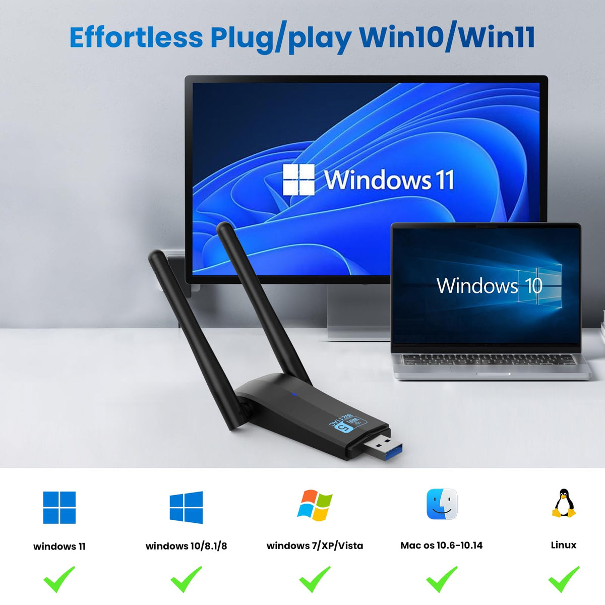 Wireless USB 3.0 WiFi Adapter 5G 2.4G Dual-Band 1300Mbps Dual 5Dbi Antennas R81124