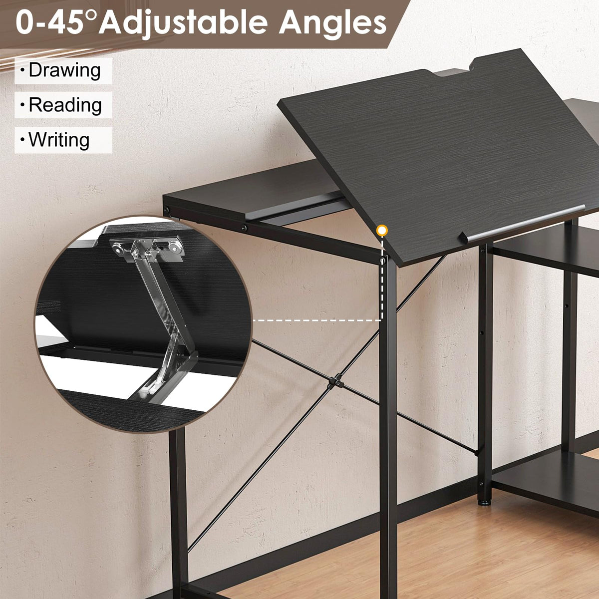 Black Adjustable Drafting Table with Storage Shelves & Drawer K99719