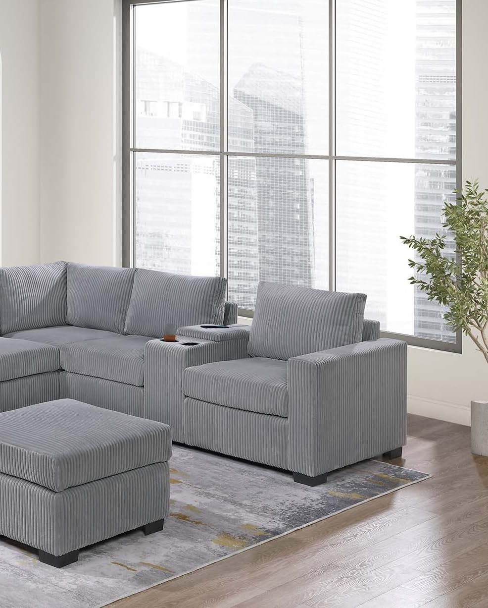Light Gray Corduroy Upholstered Sectional Sofa Set G90627