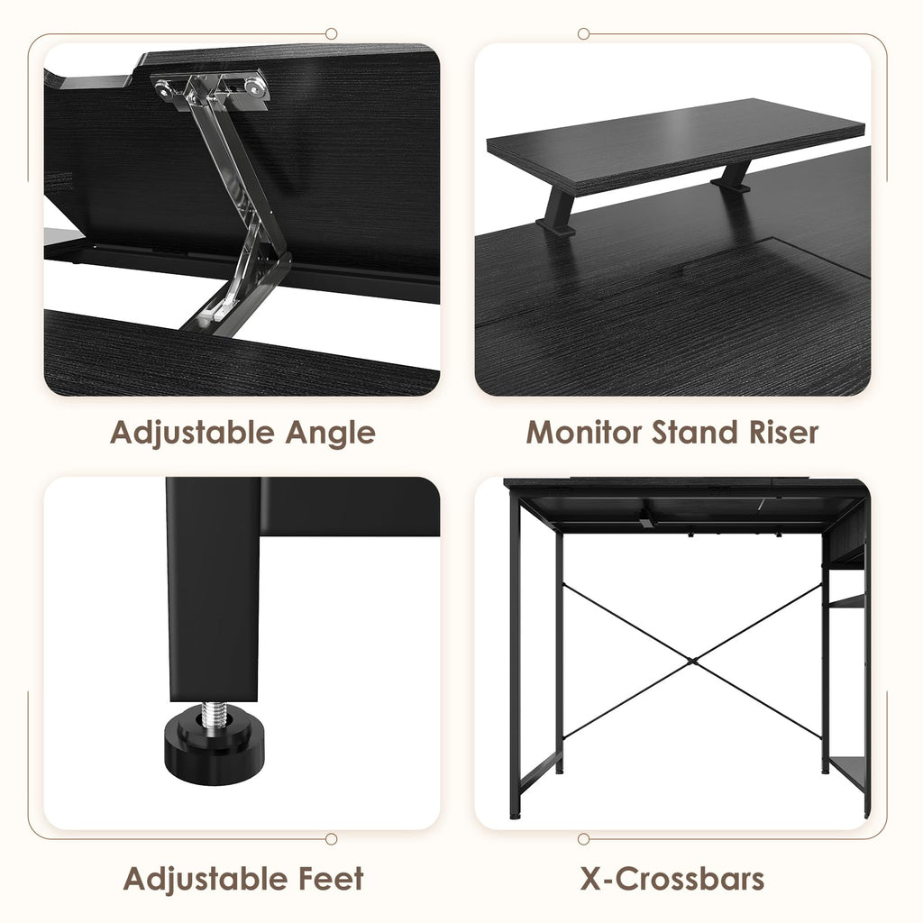 Black Adjustable Drafting Table with Storage Shelves & Drawer K99719
