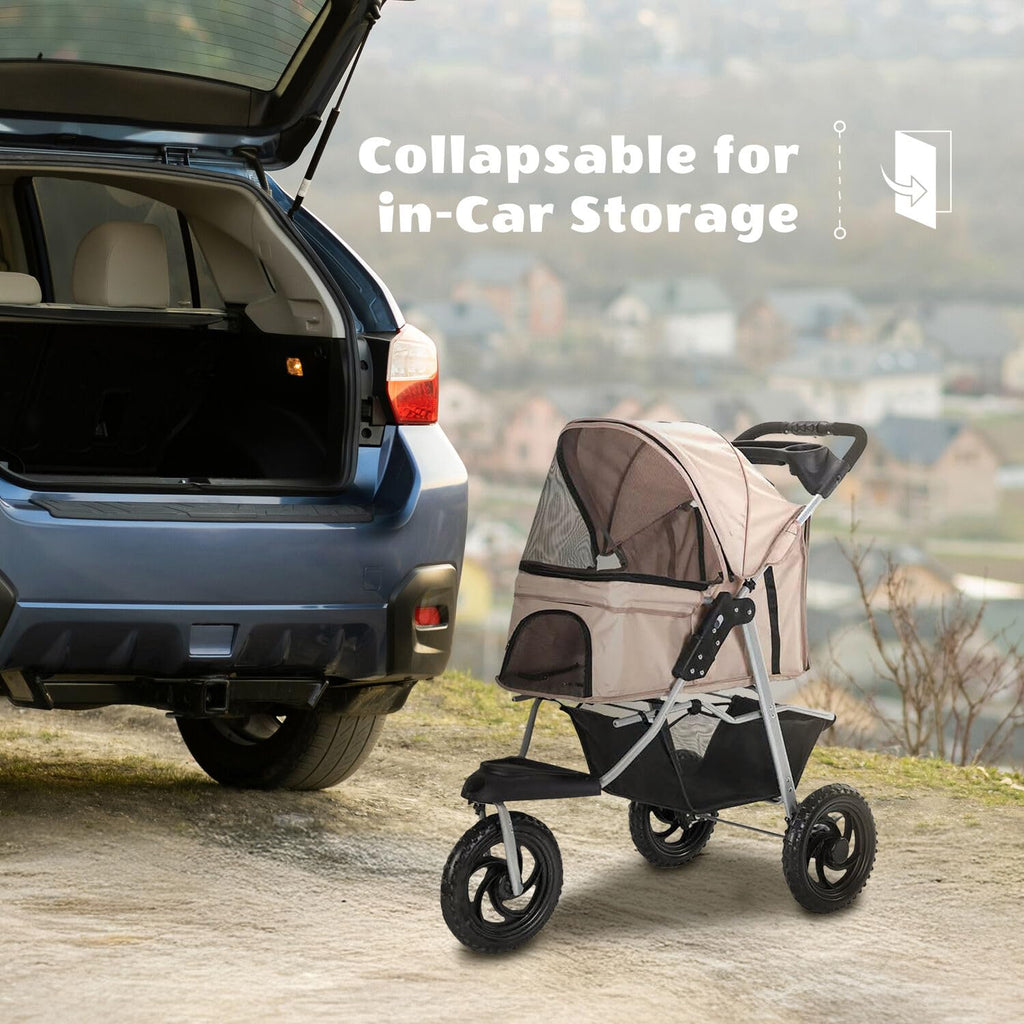 3-Wheel Dog Stroller with Storage Basket and Cup Holders, Tan M588009
