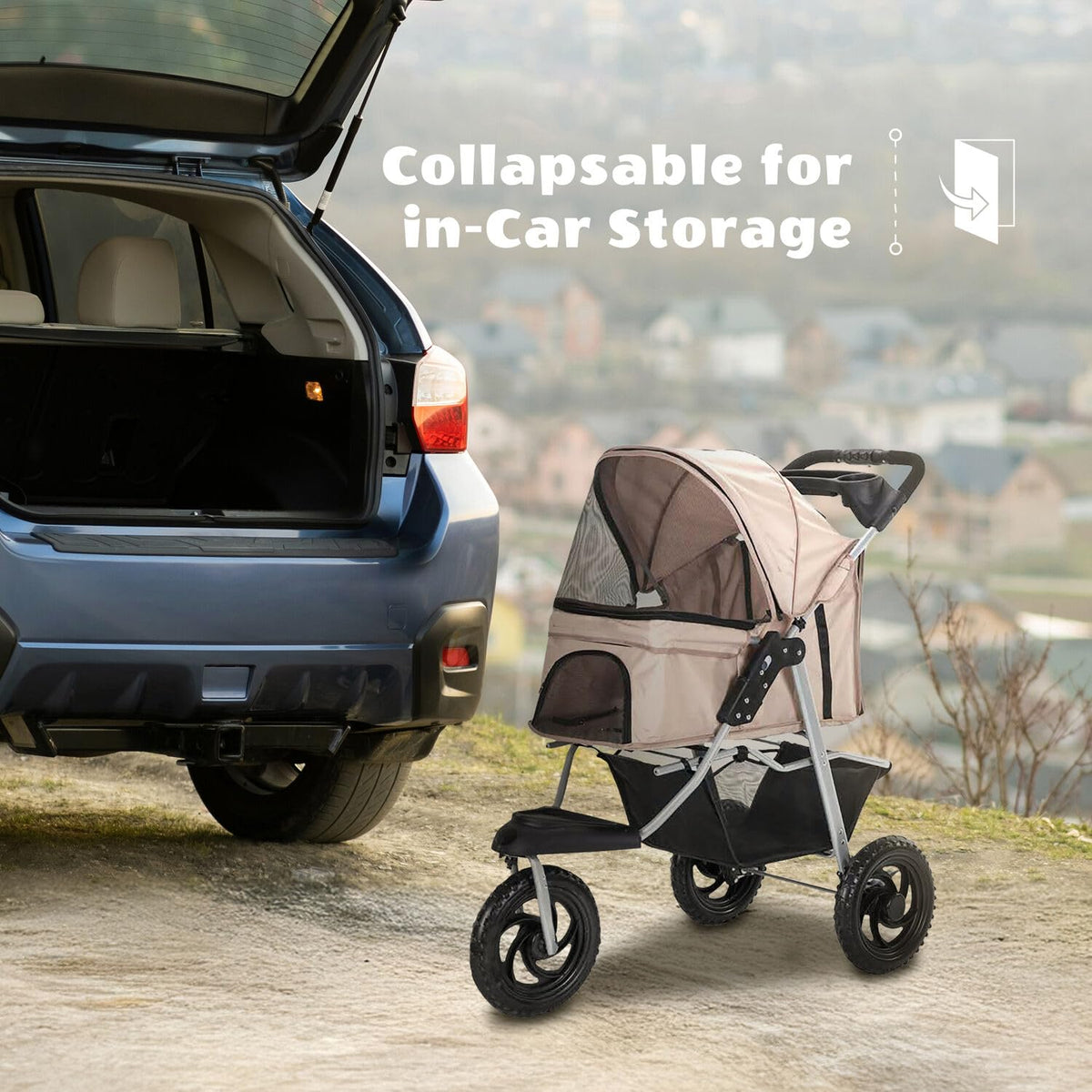 3-Wheel Dog Stroller with Storage Basket and Cup Holders, Tan M588009