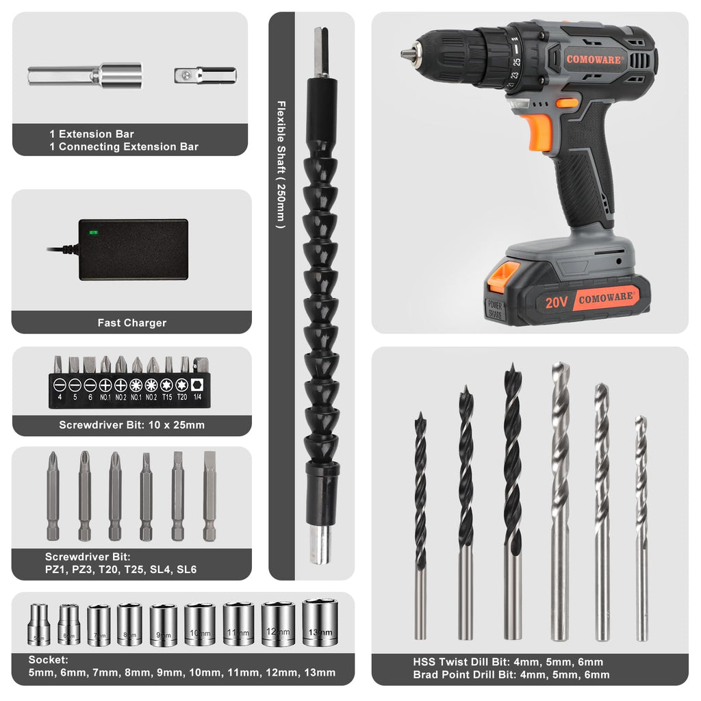 Cordless Drill Set 20V 3/8" Keyless Chuck 2 Variable Speed Orange O370