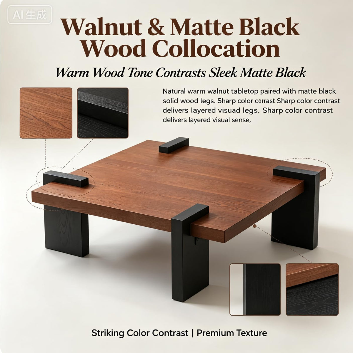 Walnut Coffee Table with Black Wood Legs G1470