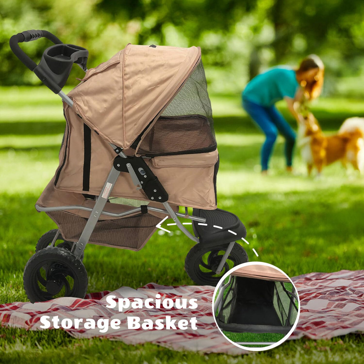 3-Wheel Dog Stroller with Storage Basket and Cup Holders, Tan M588009