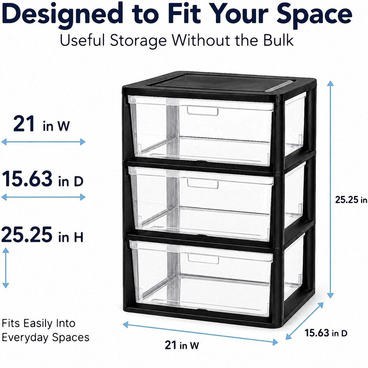 Black 3 Drawer Plastic Storage Tower with Clear Bins E98163