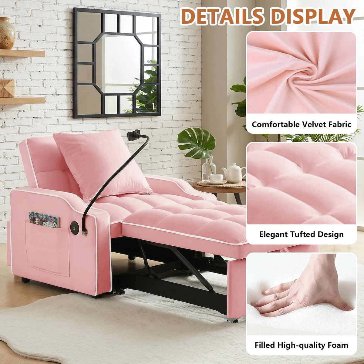 Pink Velvet Sofa Bed K89857