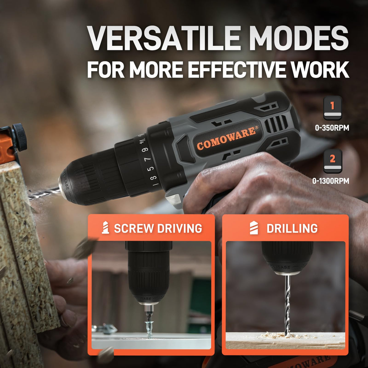 Cordless Drill Set 20V 3/8" Keyless Chuck 2 Variable Speed Orange O370