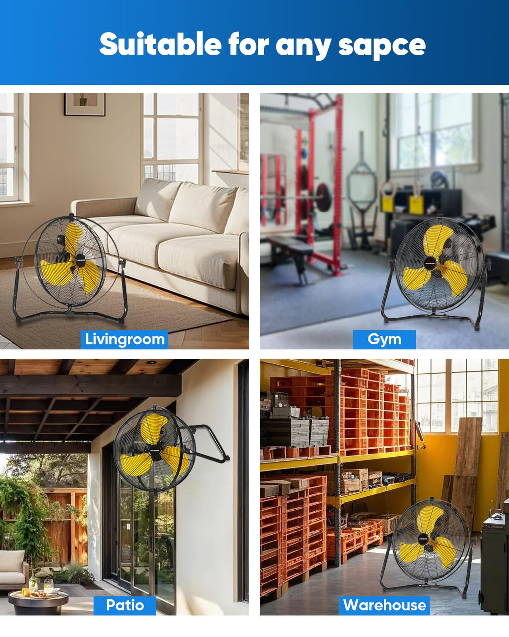20 Inch Heavy Duty Industrial Metal Floor Fan with Dual 720° Rotation, 3 Speeds P537