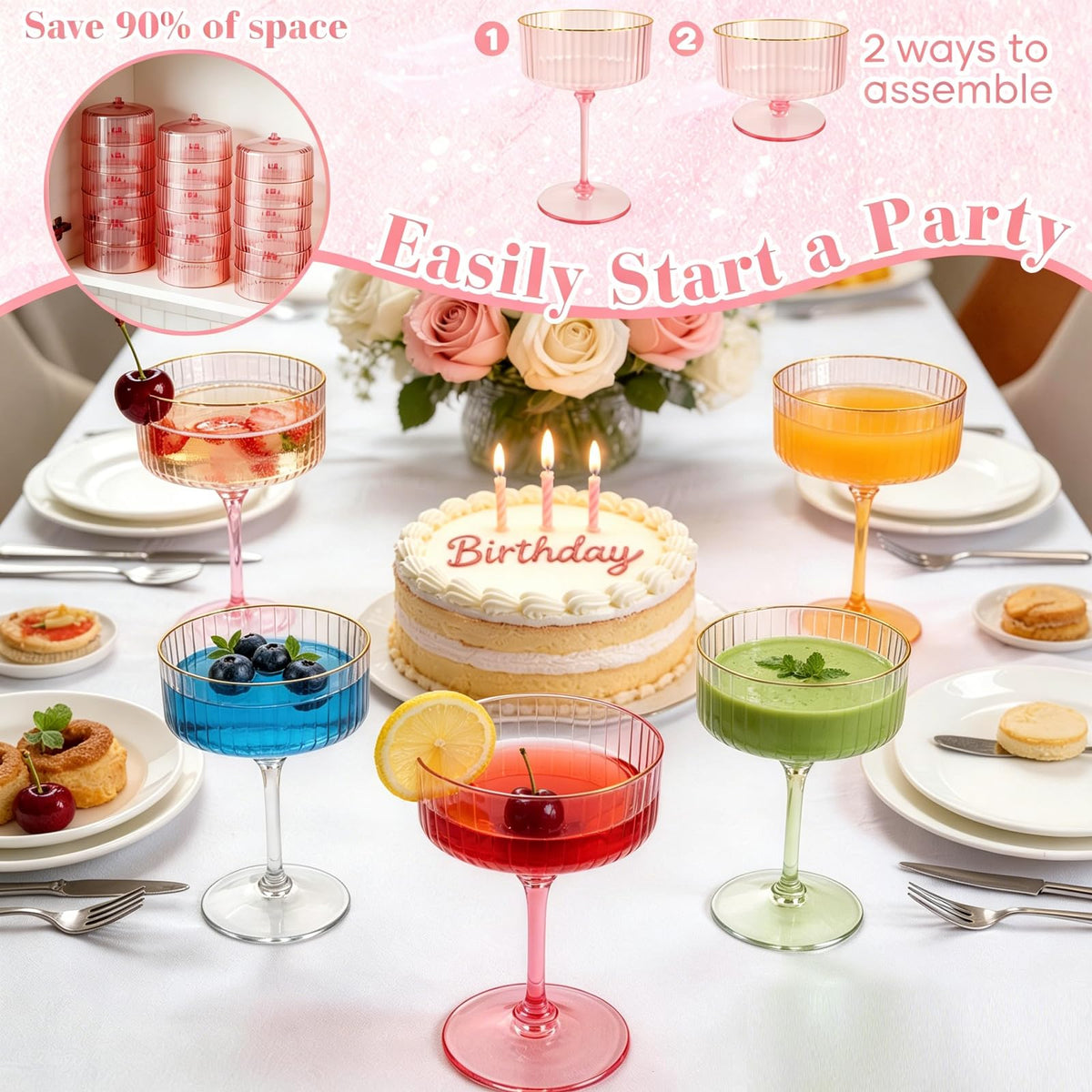 Pink 6 Pcs 10 Oz Plastic Martini Glasses L483
