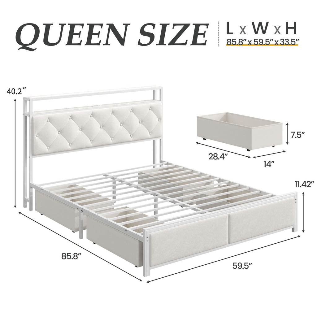 Queen Size Bed Frame with Headboard, Storage Drawers, Charging Station, Led Lights, Metal Structure, Beige N901630