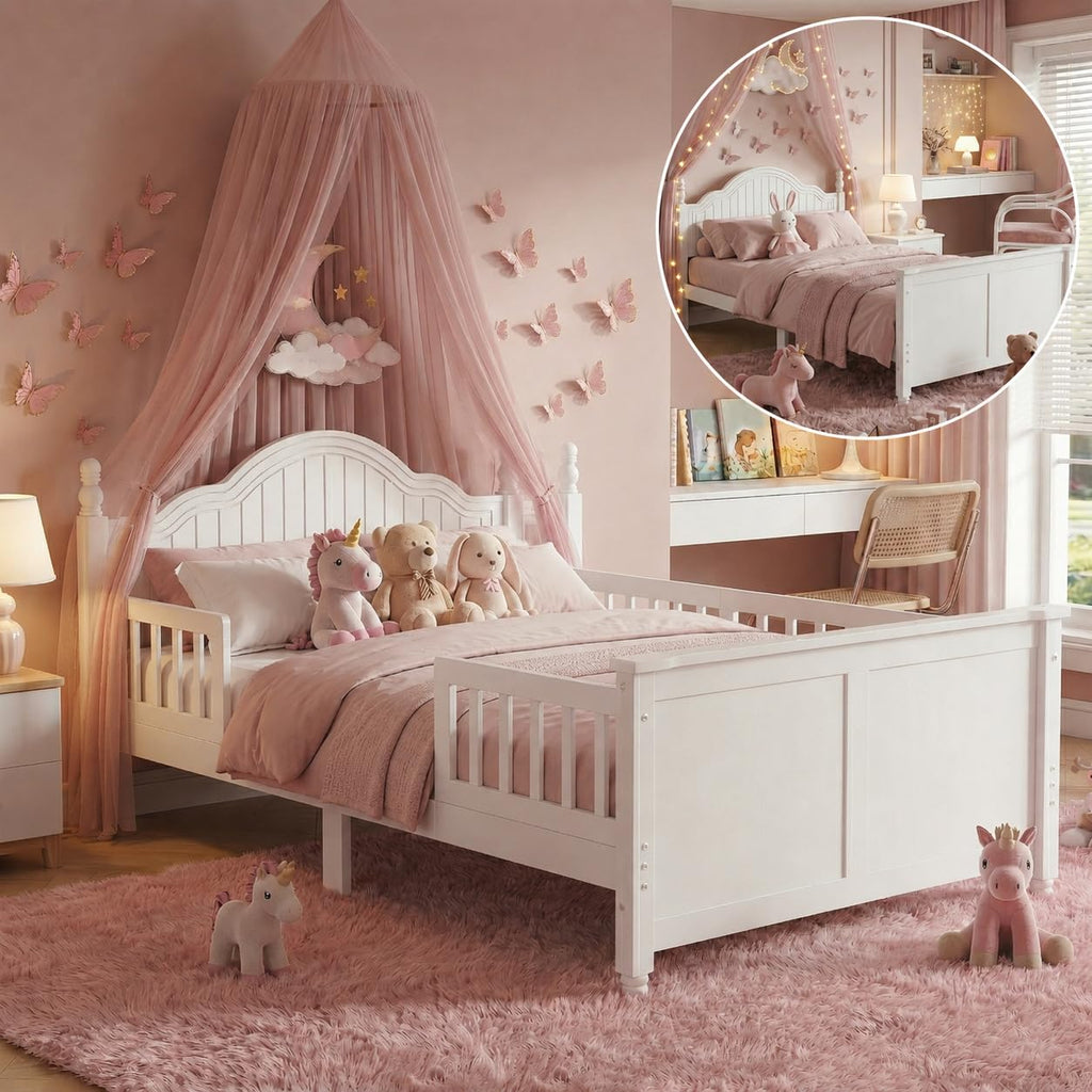 White Twin Bed Frame with Headboard and Rails F94816