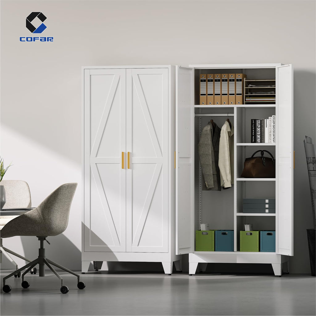 Metal Wardrobe Closet with Doors, 71'' Tall Steel Armoire with Shelves O7531