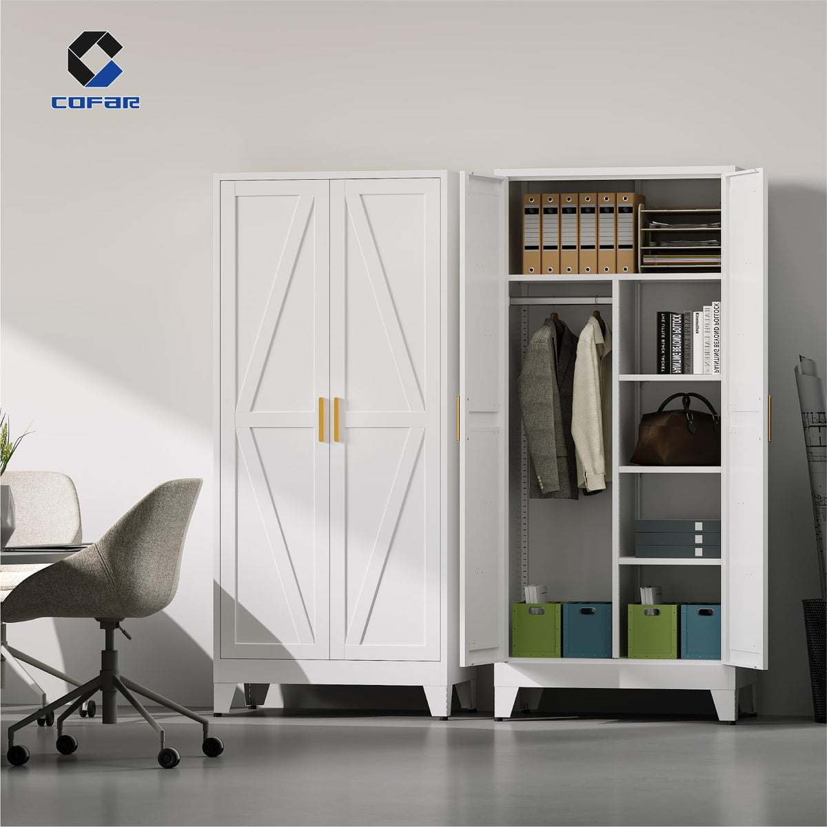 Metal Wardrobe Closet with Doors, 71'' Tall Steel Armoire with Shelves O7531