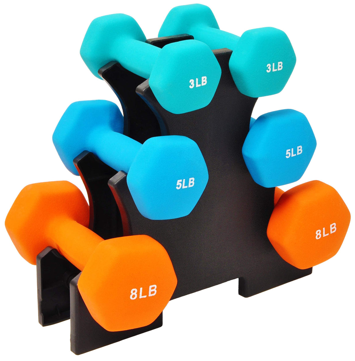 Colored Neoprene Coated Dumbbell Set with Stand, Set of 6 P6197