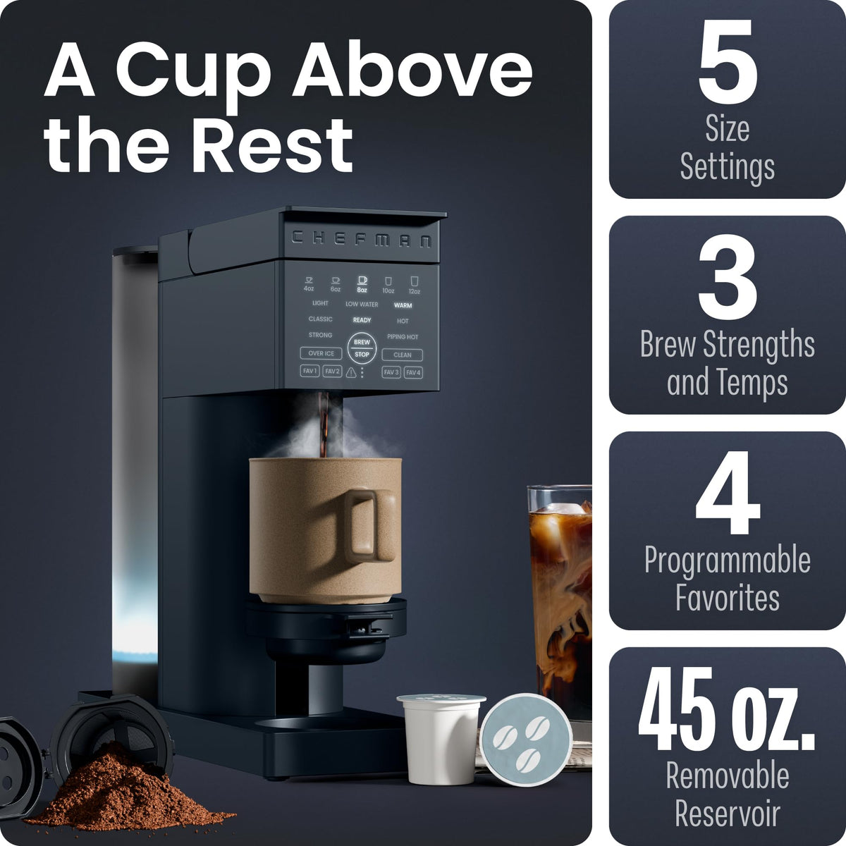 Single Serve Coffee Maker with Brew Strength Settings, 45 oz Removable Water Reservoir P25550