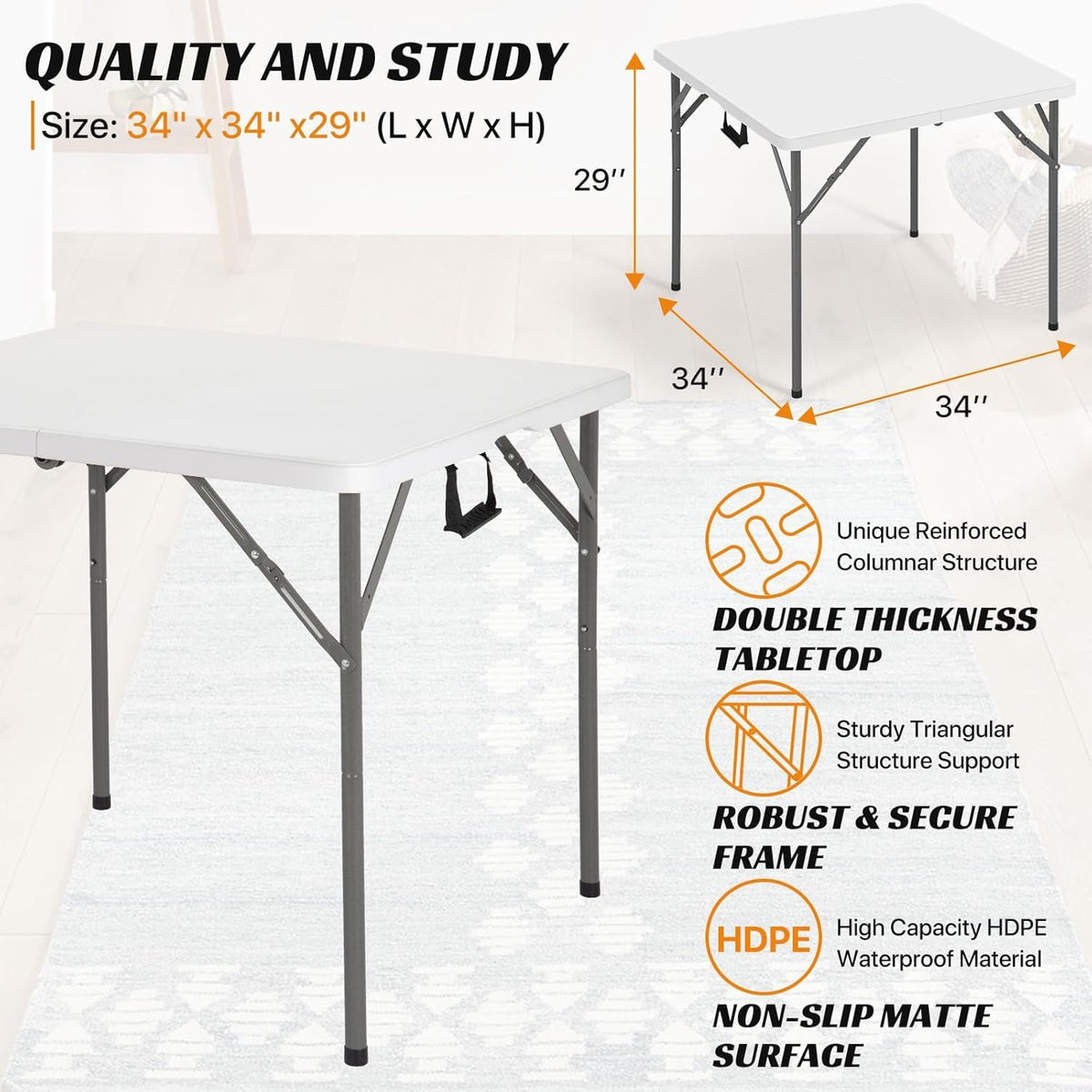 34'' White Folding Card Table with Handle & Steel Legs N118