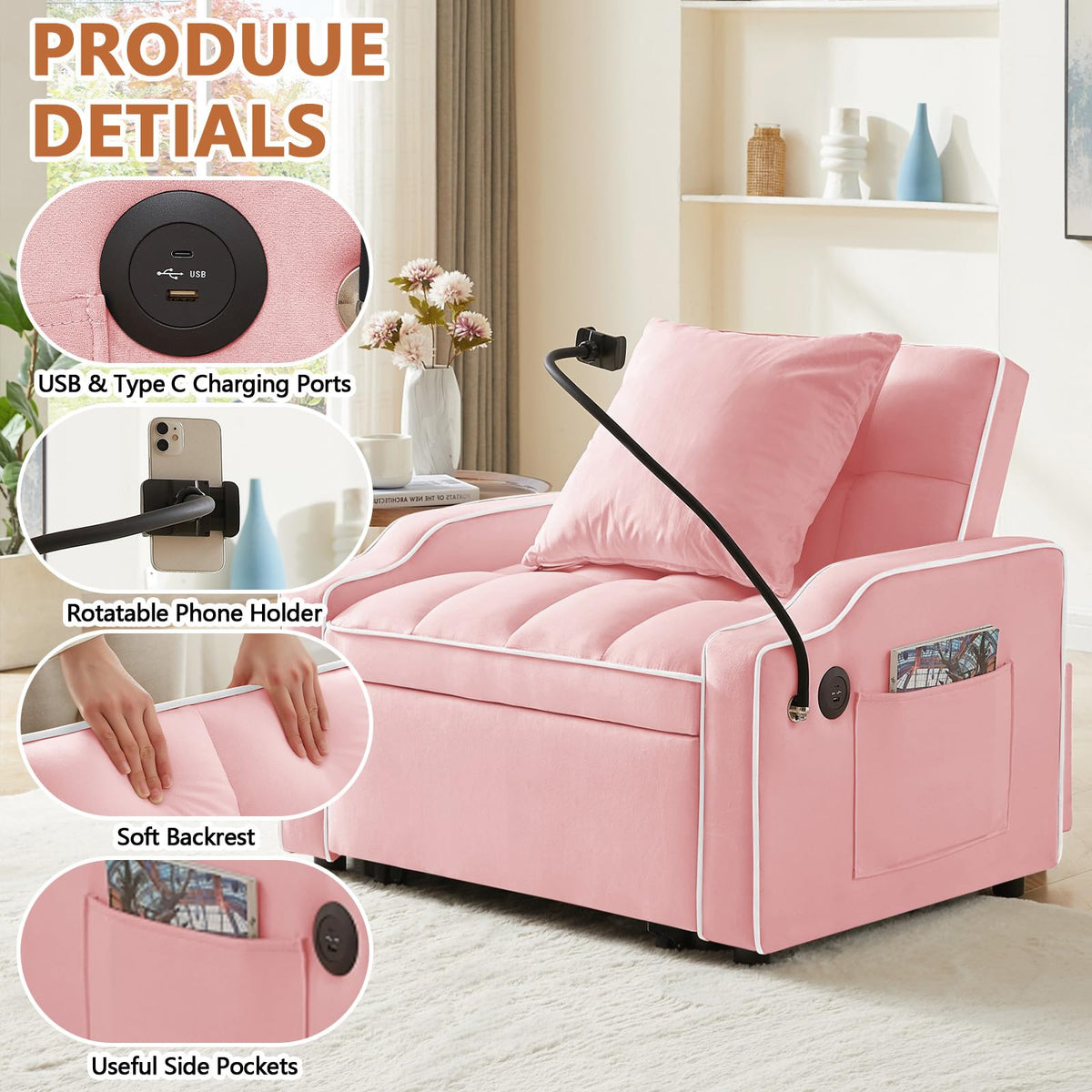 Pink Velvet Sofa Bed K89857