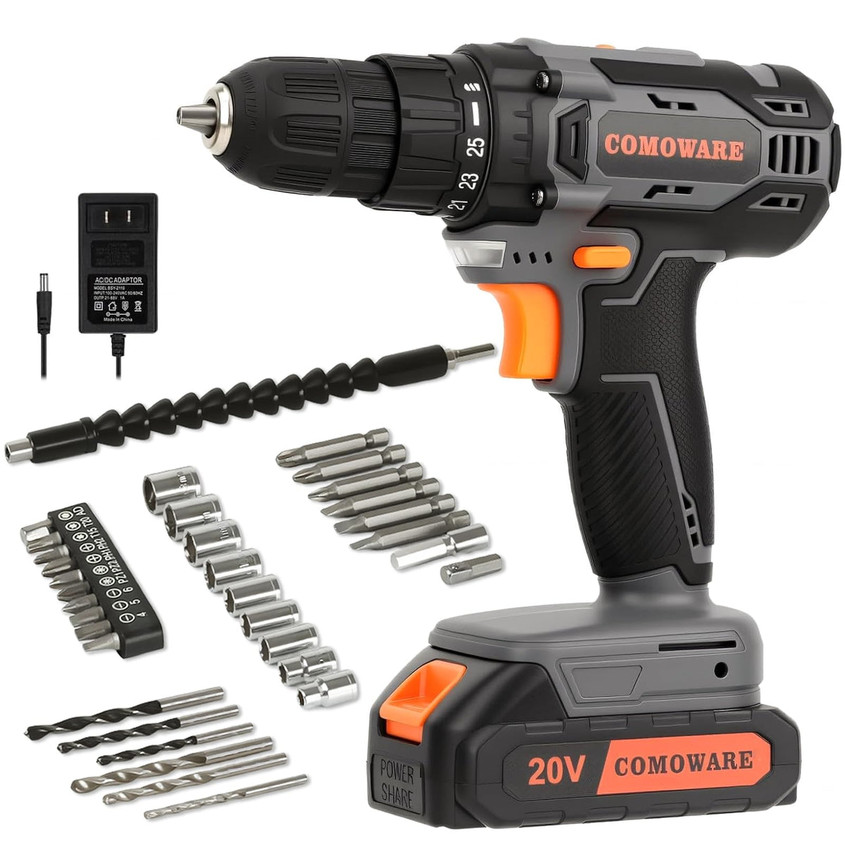 Cordless Drill Set 20V 3/8" Keyless Chuck 2 Variable Speed Orange O370