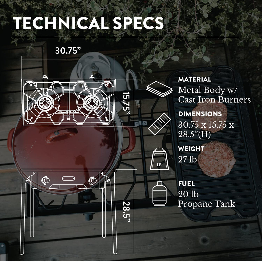 Propane Double Burner Camp Stove with Windscreen and Removable Legs Z95835