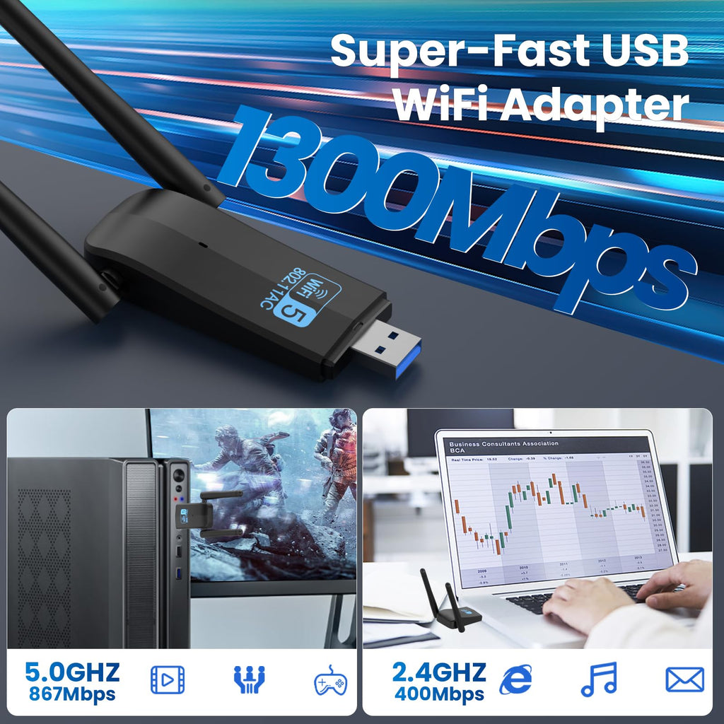 Wireless USB 3.0 WiFi Adapter 5G 2.4G Dual-Band 1300Mbps Dual 5Dbi Antennas R81124