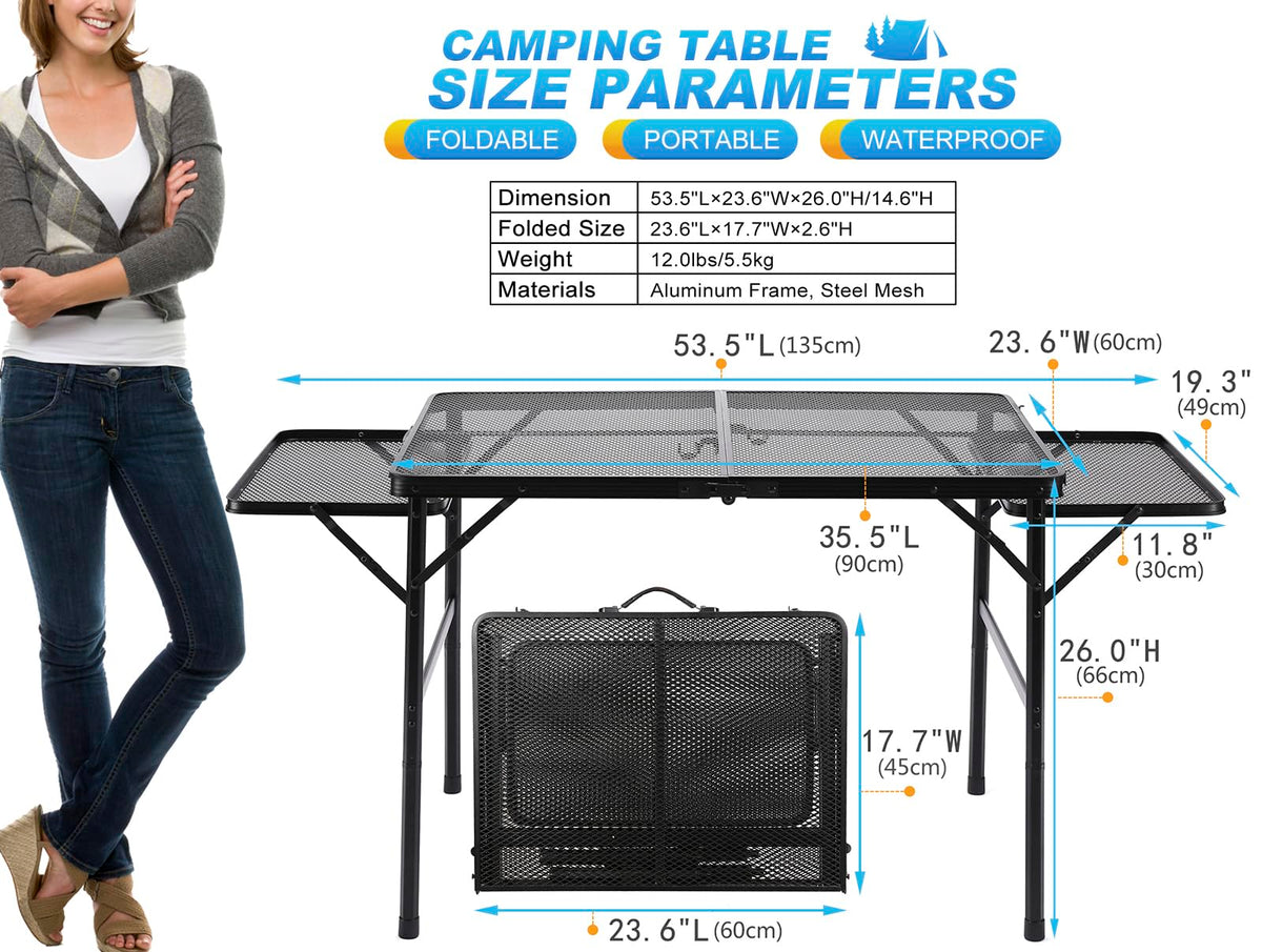 Black 4.4 FT Folding Camping Table with 2 Wing Panels J385
