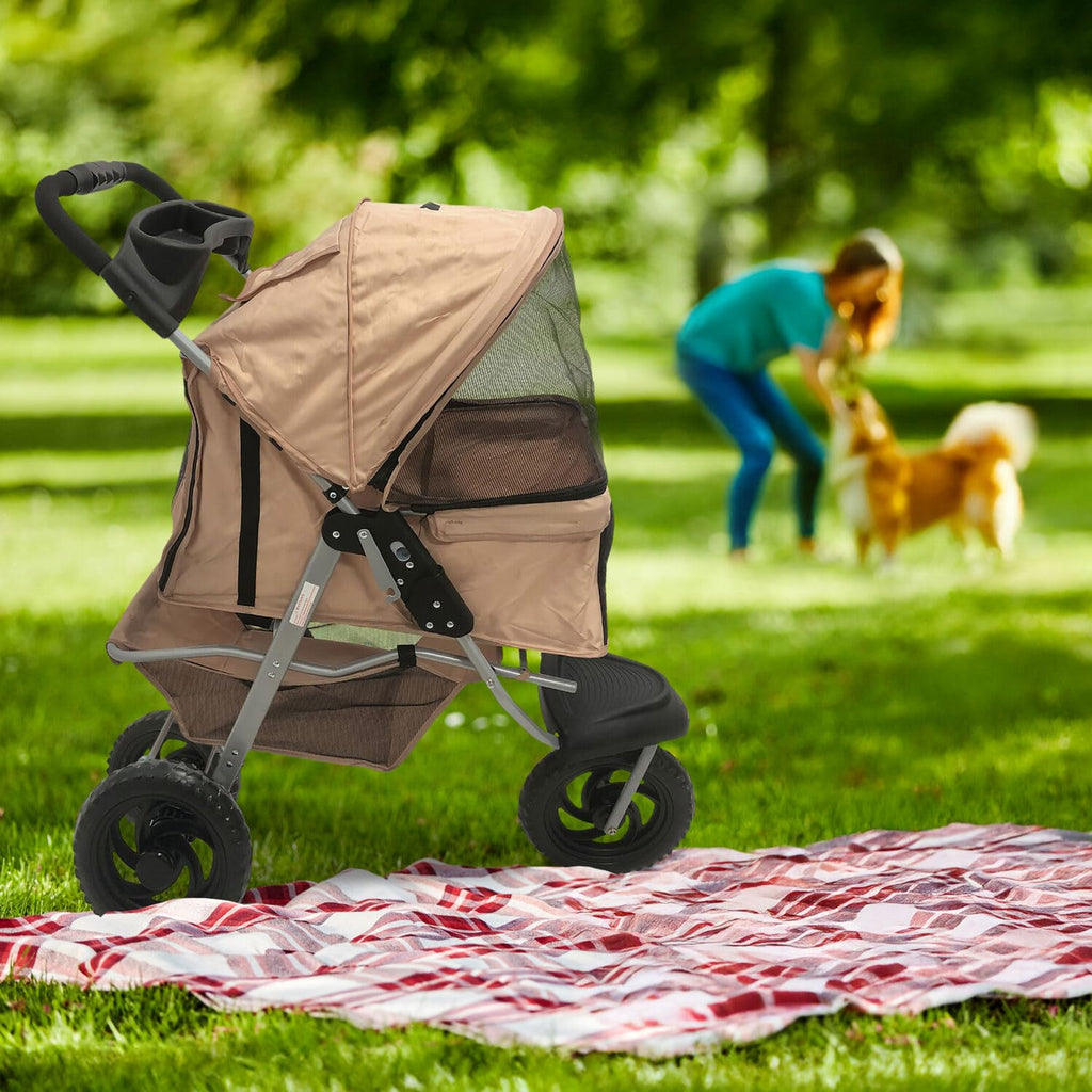 3-Wheel Dog Stroller with Storage Basket and Cup Holders, Tan M588009