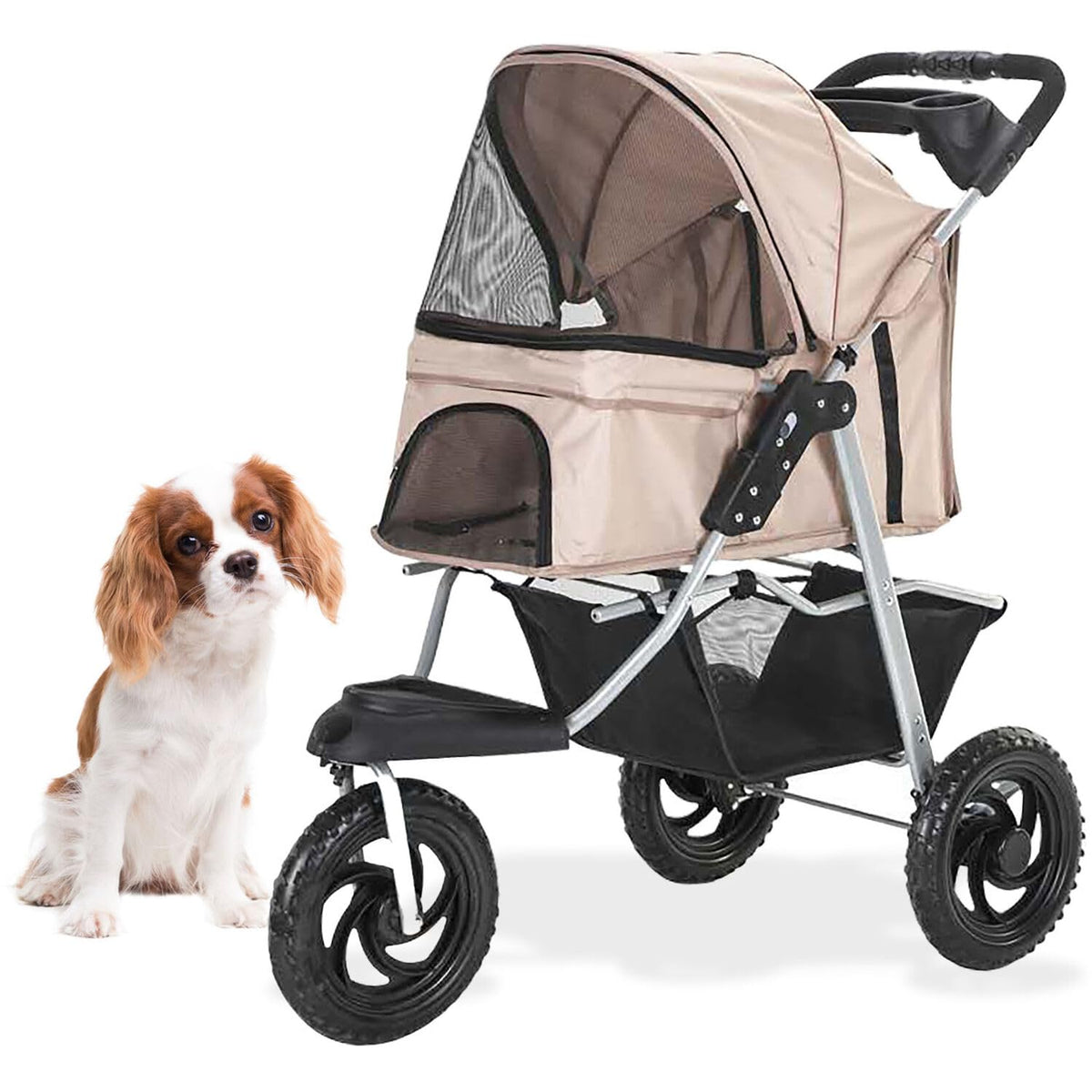 3-Wheel Dog Stroller with Storage Basket and Cup Holders, Tan M588009