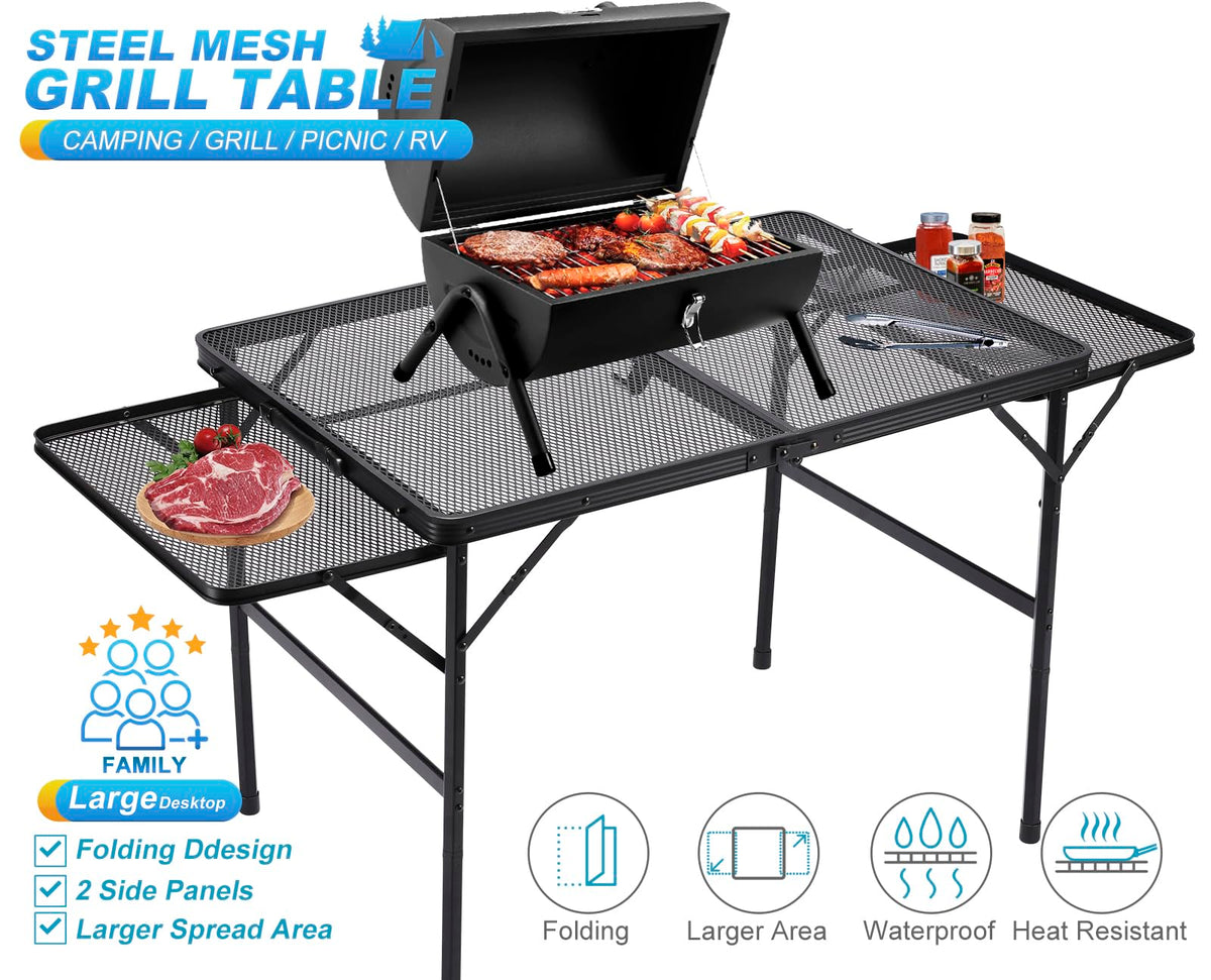 Black 4.4 FT Folding Camping Table with 2 Wing Panels J385