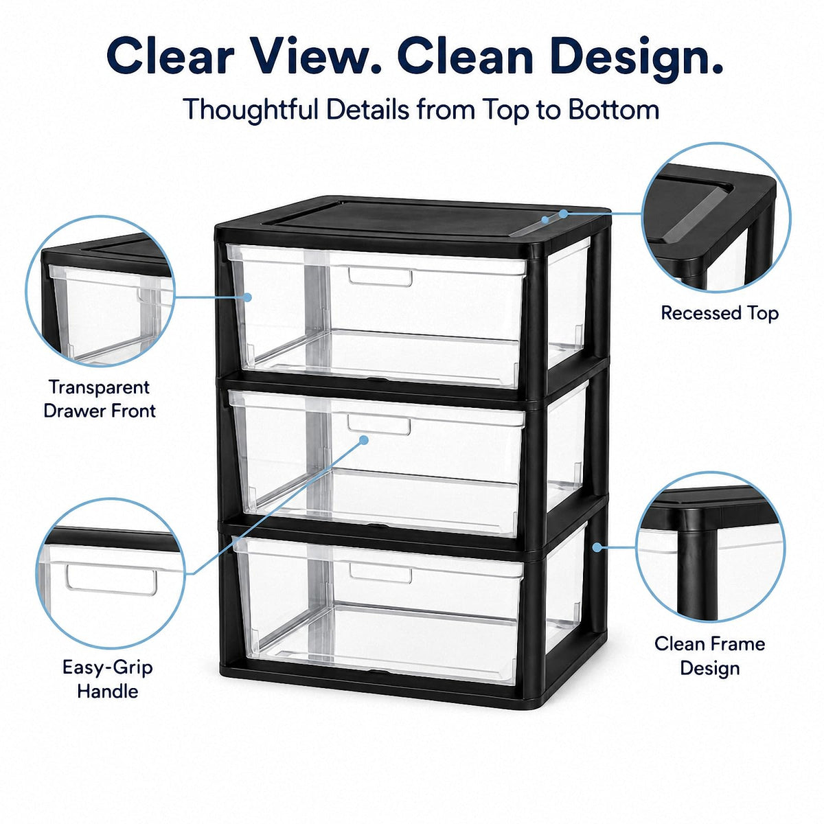 Black 3 Drawer Plastic Storage Tower with Clear Bins E98163