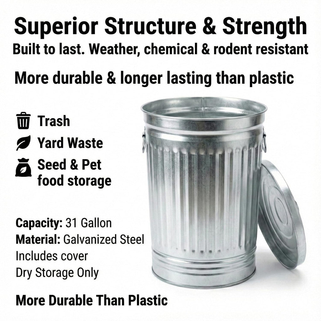 31 Gallon Galvanized Steel Metal Trash Can with Locking Lid D75386