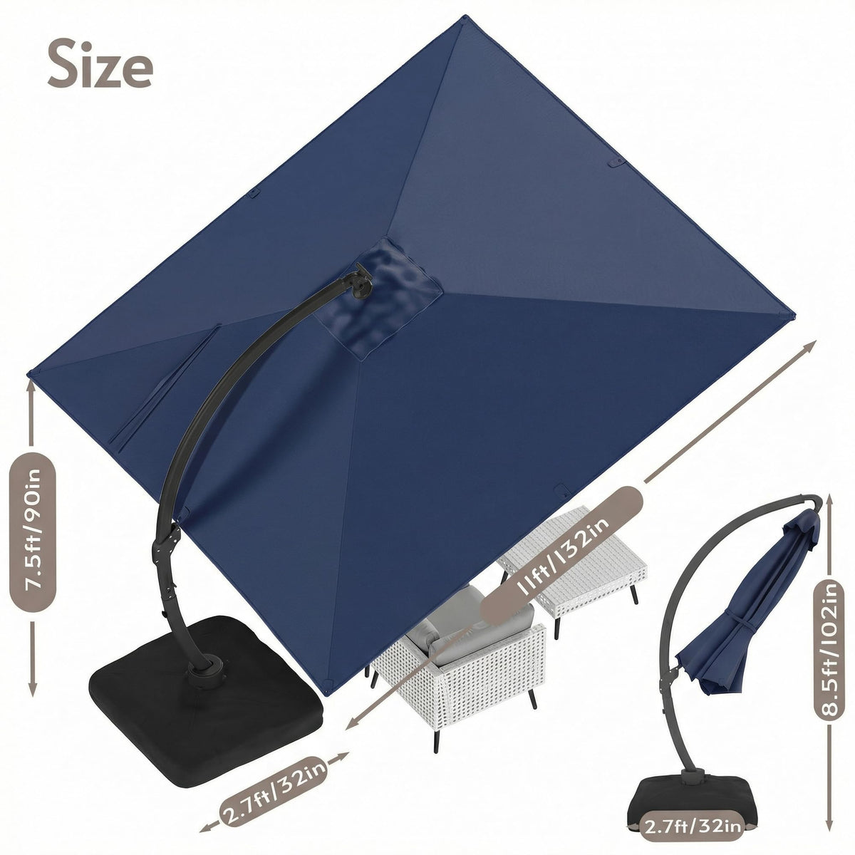 11x11ft Solar Powered Led Cantilever Umbrella with Base U89692