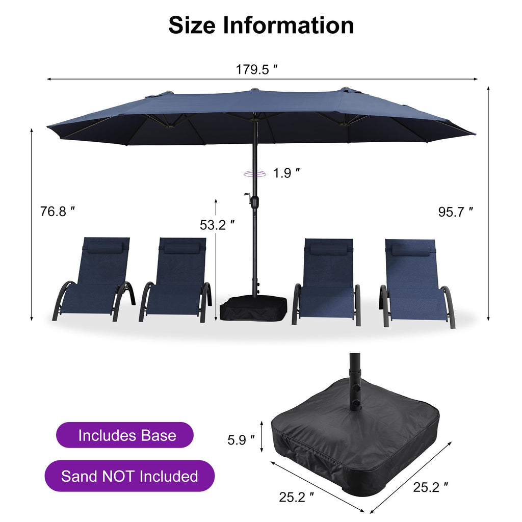 15ft Double-Sided Navy Blue Patio Umbrella with Base H59673