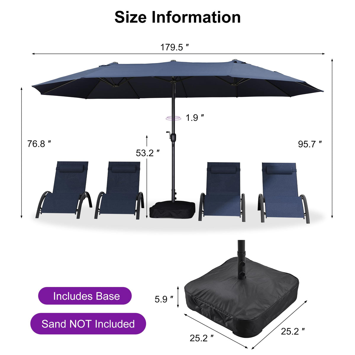 15ft Double-Sided Navy Blue Patio Umbrella with Base H59673