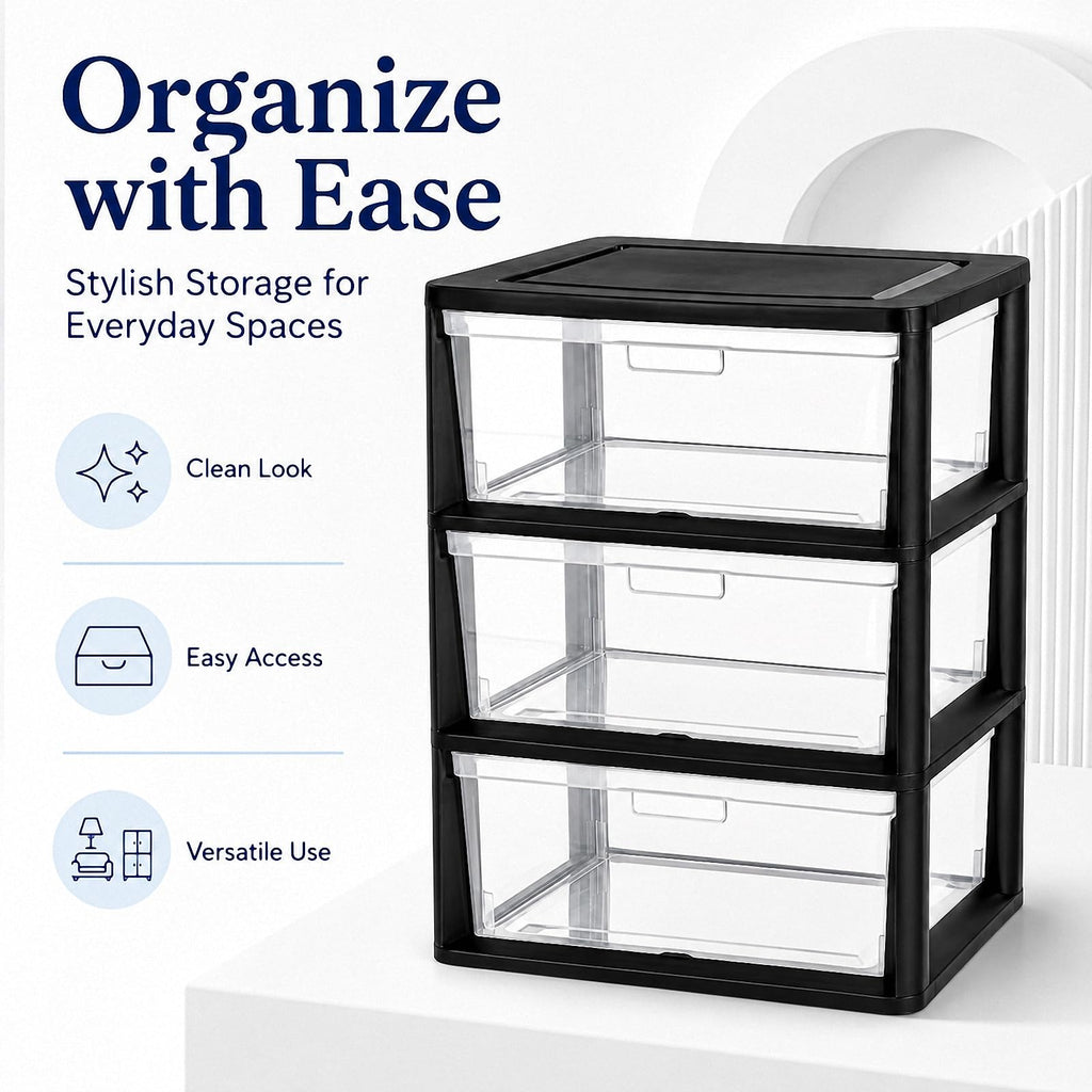 Black 3 Drawer Plastic Storage Tower with Clear Bins E98163