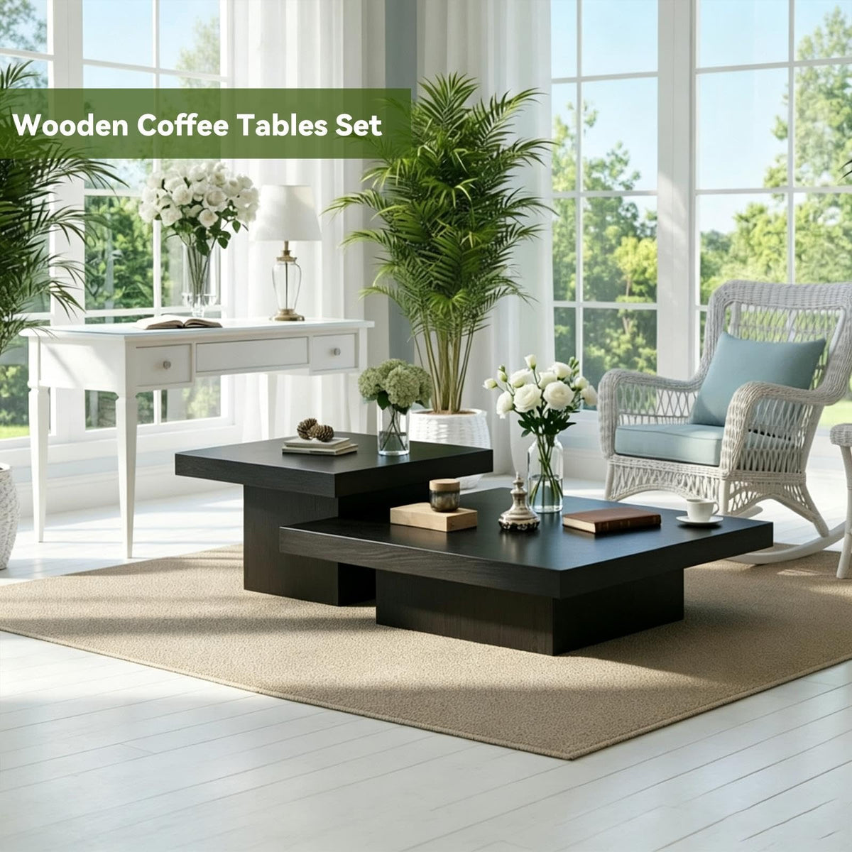 Coffee Table Set of 2 Square Wood Legs L415