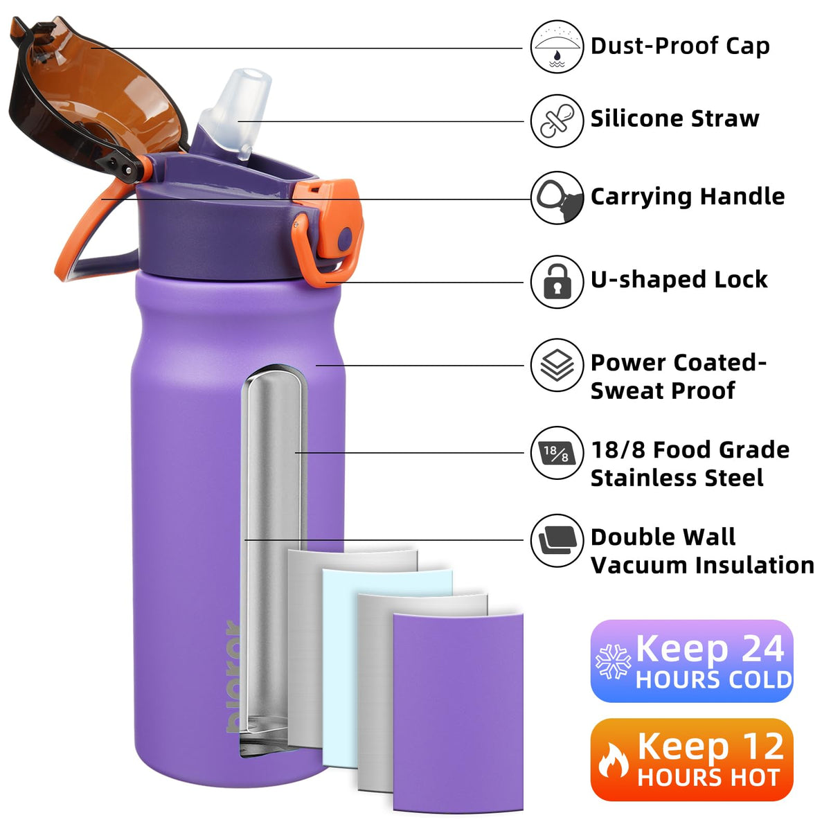 18 oz Insulated Stainless Water Bottle with Straw & Handle Q14369