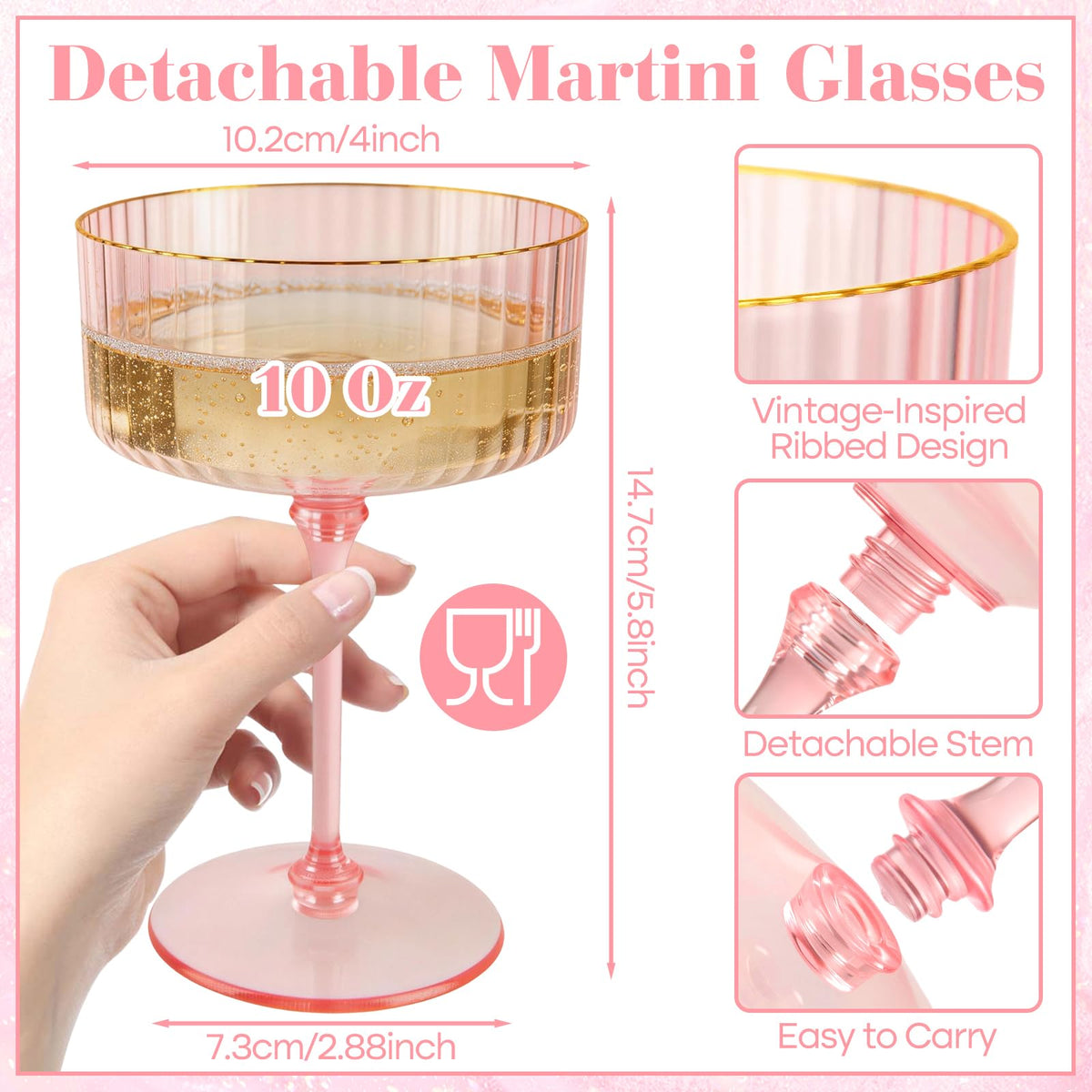 Pink 6 Pcs 10 Oz Plastic Martini Glasses L483