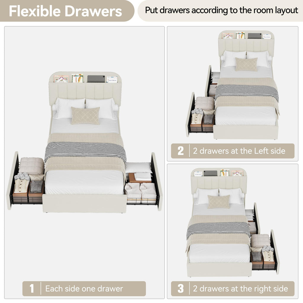 Twin Platform Bed with Storage Headboard & Drawers O8553