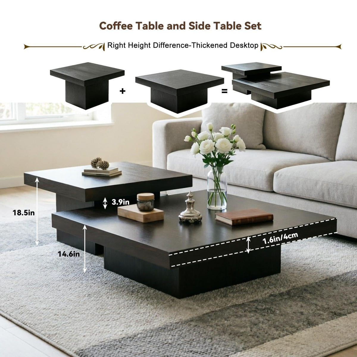 Coffee Table Set of 2 Square Wood Legs L415