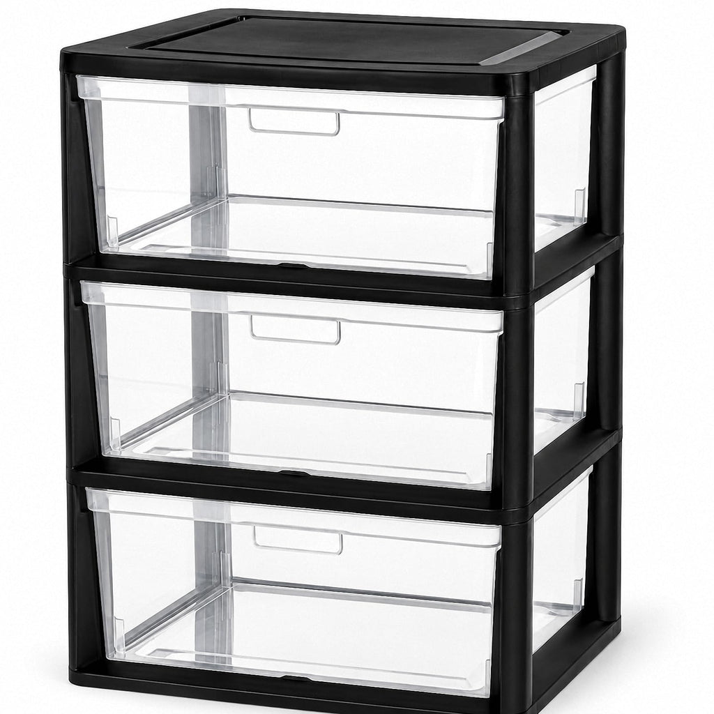 Black 3 Drawer Plastic Storage Tower with Clear Bins E98163