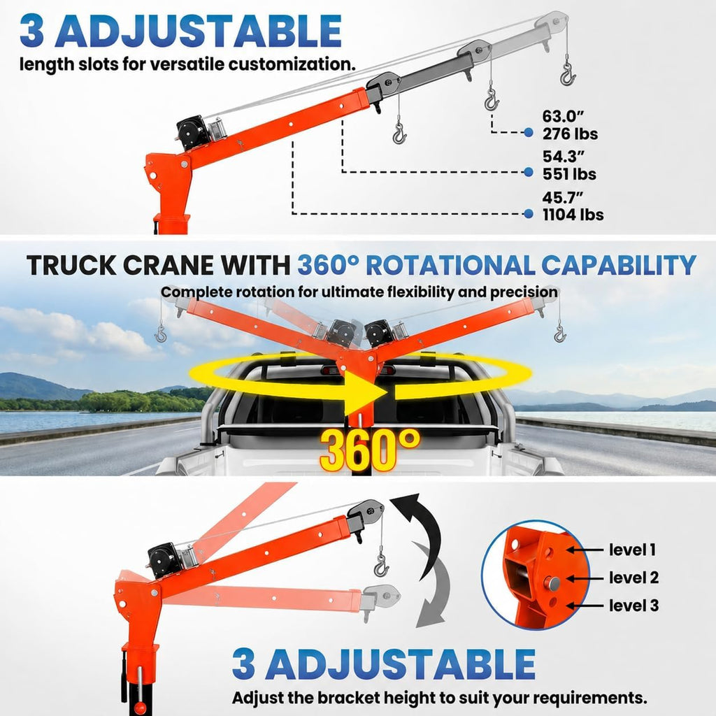 1100 LBS Truck Bed Crane with 3500 LBS 12V Electric Winch R527